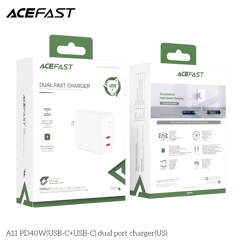 Sạc Acefast PD3.0 40W 2 cổng USB-C (US) - A11 Hàng chính hãng Acefast