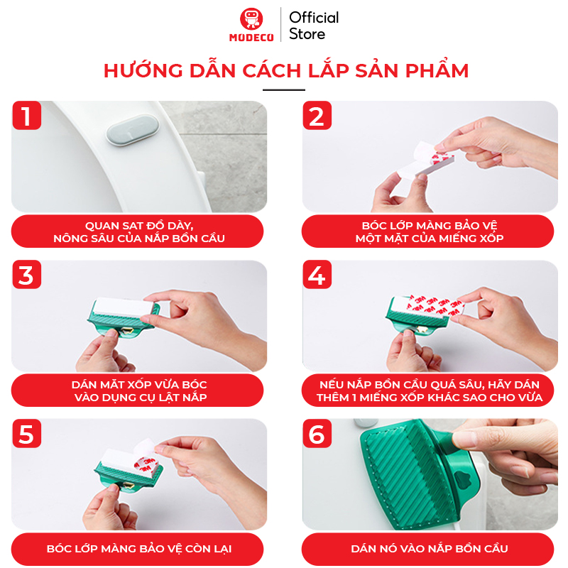 2 Miếng Dán Mở Nắp Bồn Cầu Cao Cấp MODECO - Keo 3M Siêu Dính - Nâng, Đóng Nắp Bệt Vệ Sinh Tiện Lợi, An Toàn