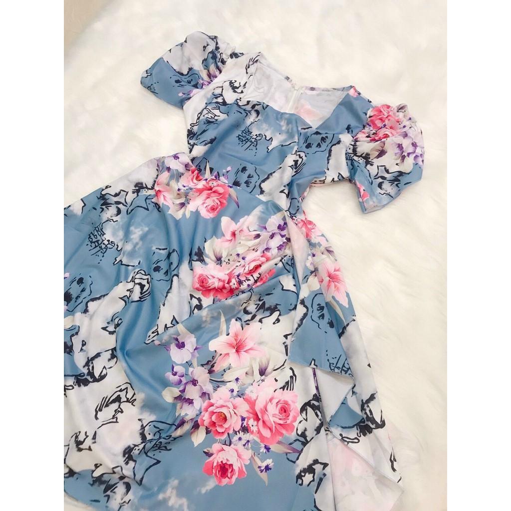 Đầm lụa xoè hoạ tiết hoa tay phồng bèo eo sang chảnh