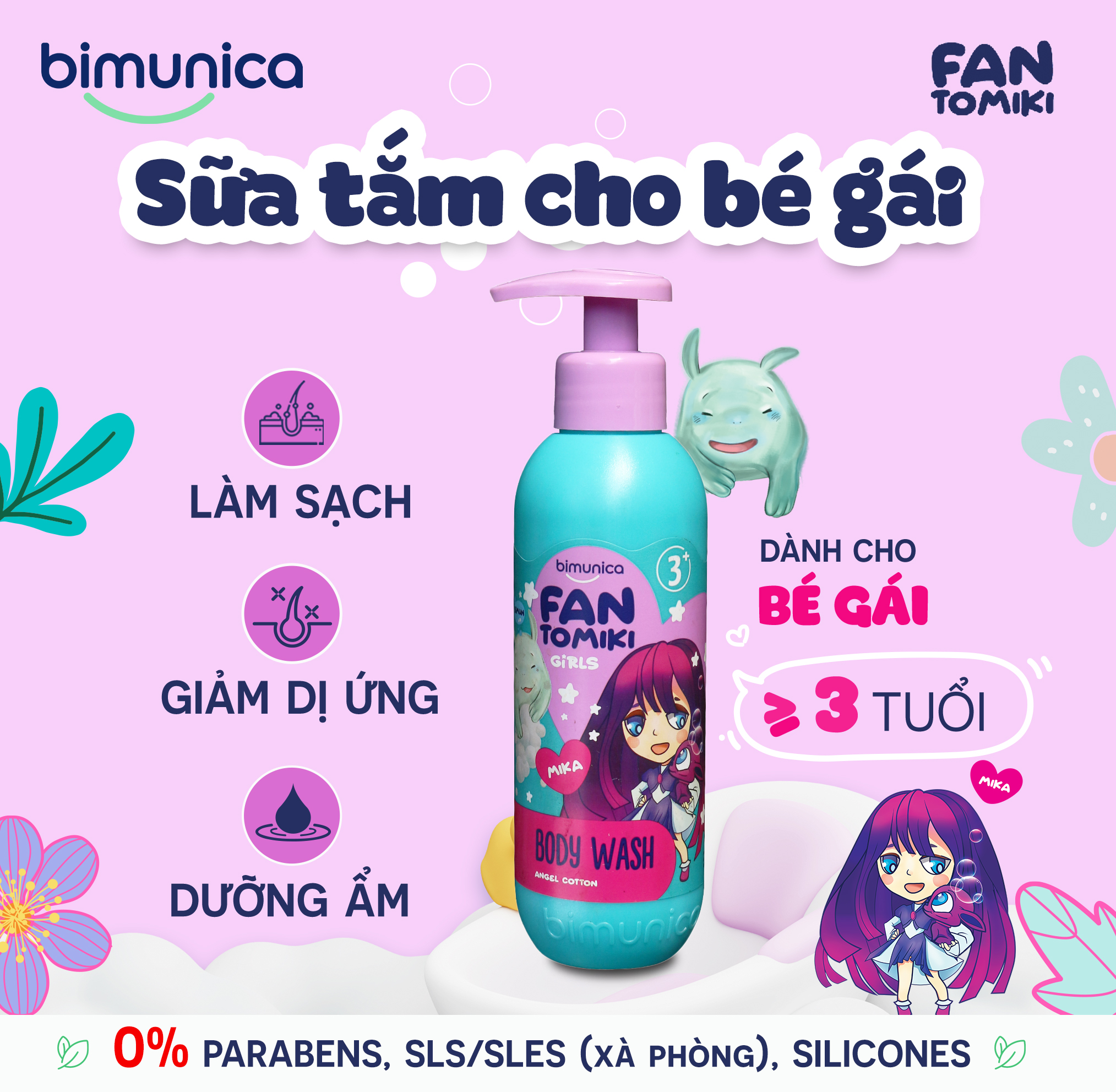 Sữa Tắm BIMUNICA Fantomiki Cho Bé Gái từ 3 Tuổi - 250ml Không Cay Mắt, Làm Sạch, Làm Mềm