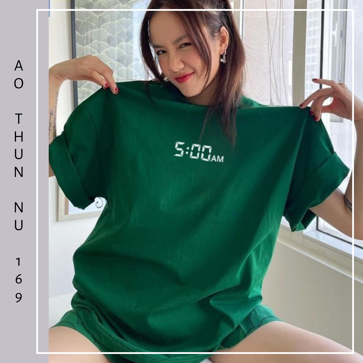 Áo Thun Nữ Tay Lỡ Màu Xanh Rêu In Số 5h Sáng AM Áo Phông Nữ Đẹp Local Brand DLX