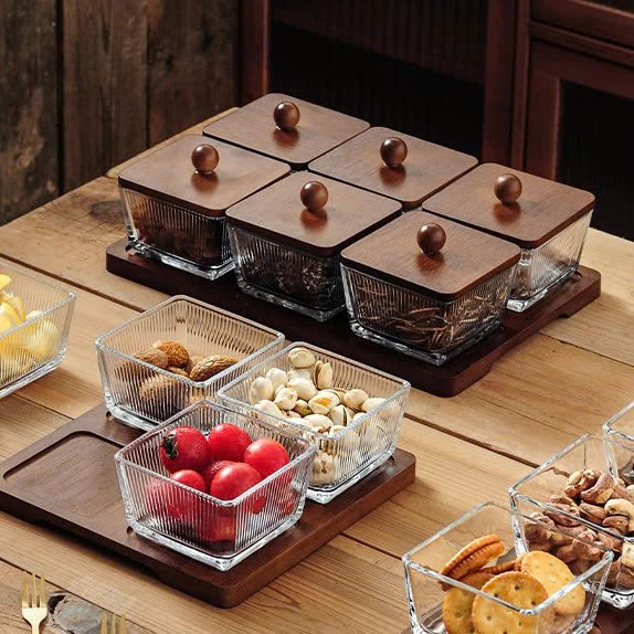 Hũ Đựng Mứt Tết 6 Ngăn Thuỷ Tinh Có Nắp - Khay Mứt Trái Tim - Kèm Khay Đựng Bánh Kẹo, Hoa Quả Trang Trí Ngày Tết Sang Trọng - HÀNG CHÍNH HÃNG MINIIN