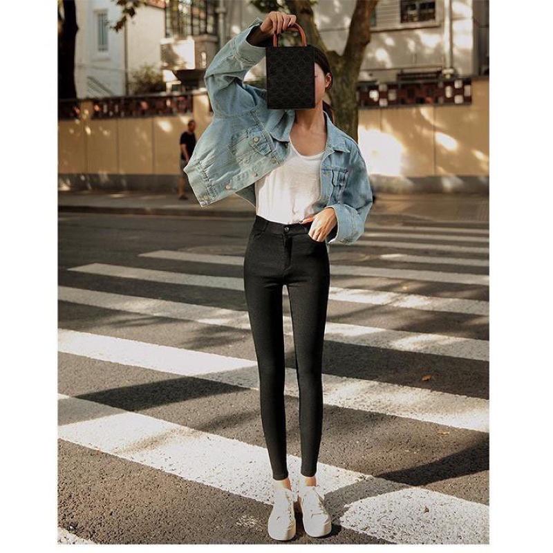 Quần tregging nữ lưng cạp cao - Quần legging nữ dài dáng thun ôm bó legging skinny vải giữ nhiệt màu đen