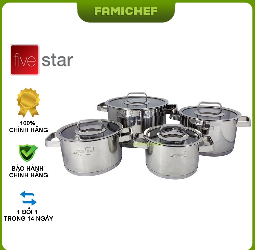 Bộ 4 nồi inox 304 cao cấp 3 đáy nắp kính FiveStar FS08NKB