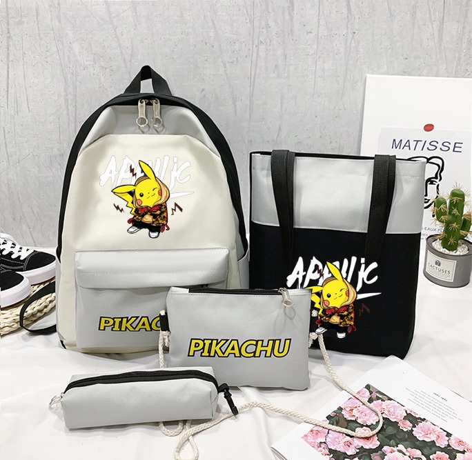 Bộ Balo nữ đi học hình Pikachu cực ngộ nghĩnh, siêu Cute + Túi đeo vai + Ví cầm tay + Hộp bút - BL141