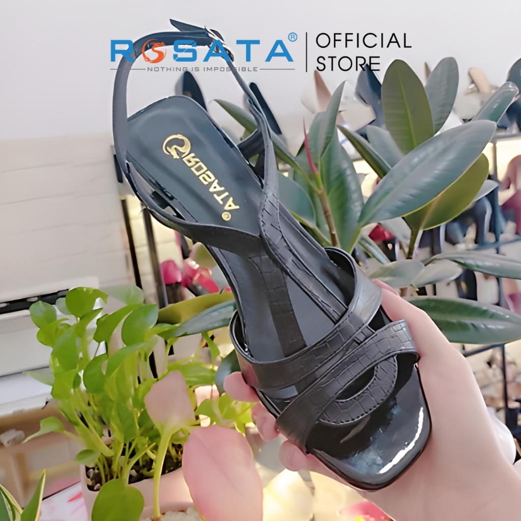 Dép sandal cao gót nữ ROSATA RO476 xỏ ngón phối dây mũi tròn quai cài hậu mảnh gót vuông cao 4cm xuất xứ Việt Nam - Đen