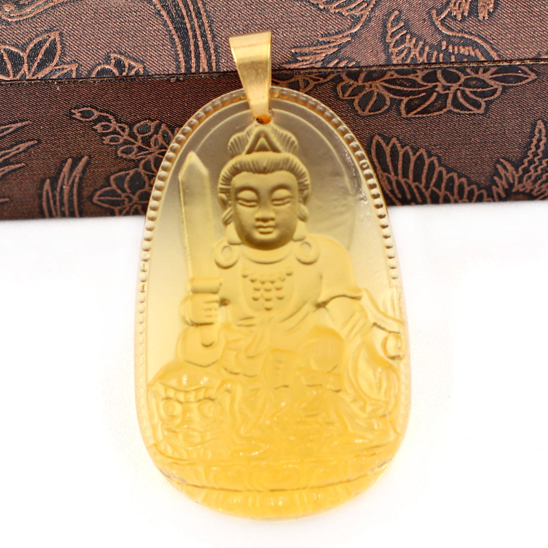Mặt dây chuyền Văn Thù Bồ Tát thủy tinh vàng 3.6cm - phật bản mệnh tuổi Mão - Mặt size nhỏ