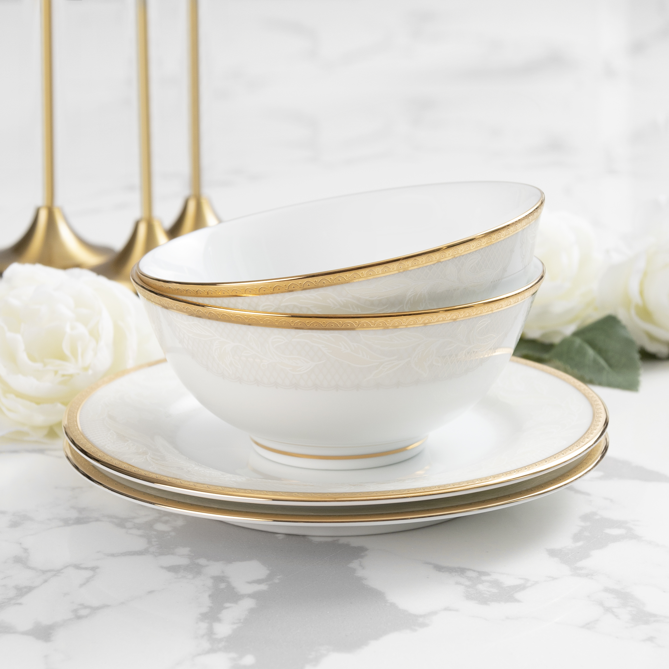 Bộ Bàn Ăn Châu Á Cơ Bản 22 Món Noritake dòng Flanders Gold sứ trắng cao cấp (1714 - D022AB)