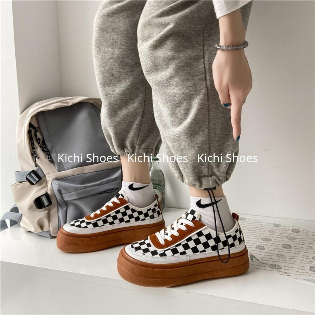 Giày nữ độn đế tăng chiều cao caro Full Box siêu êm chân Giày thể thao đế bằng bánh mì mã 7806 - Kichi Shoes