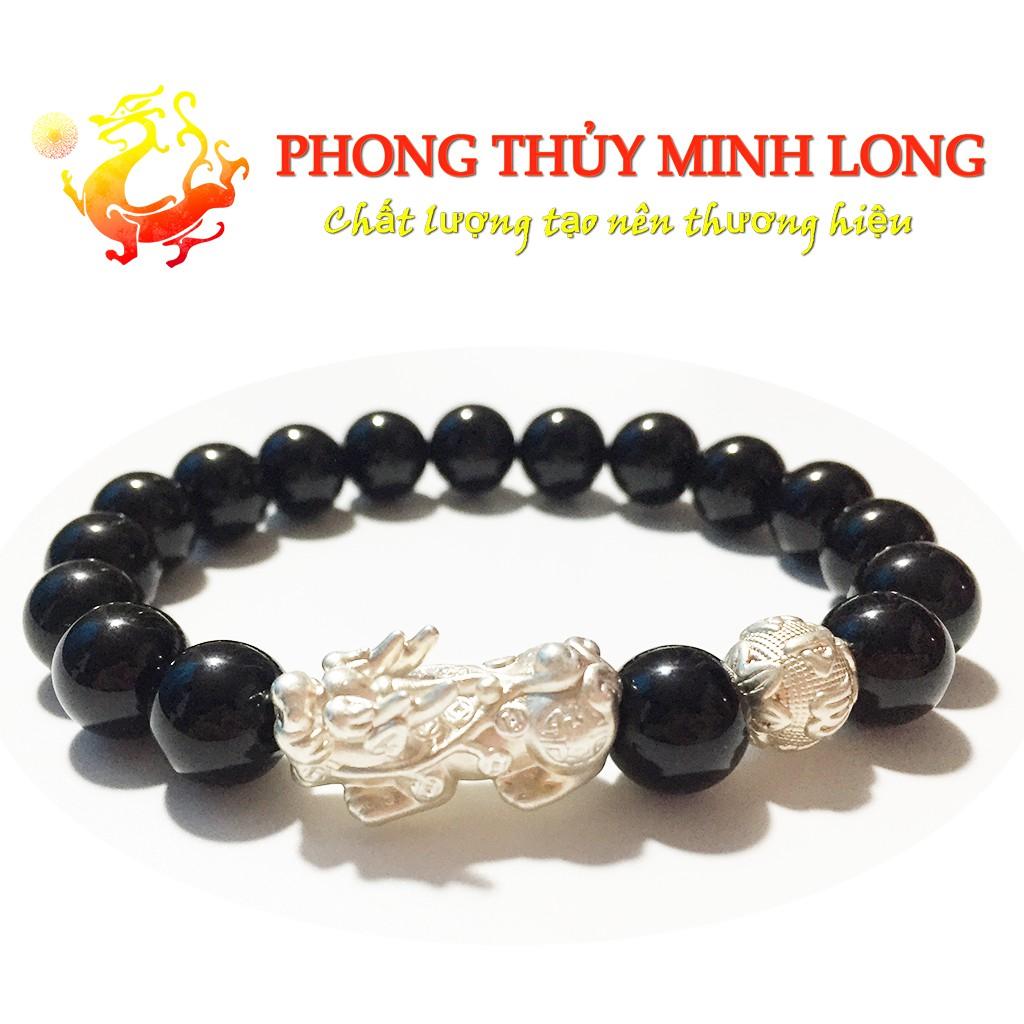 Vòng tay đá Mã Não Đen mix tỳ hưu và 1 hạt kim tiền bằng Bạc hợp mệnh Thủy và Mộc