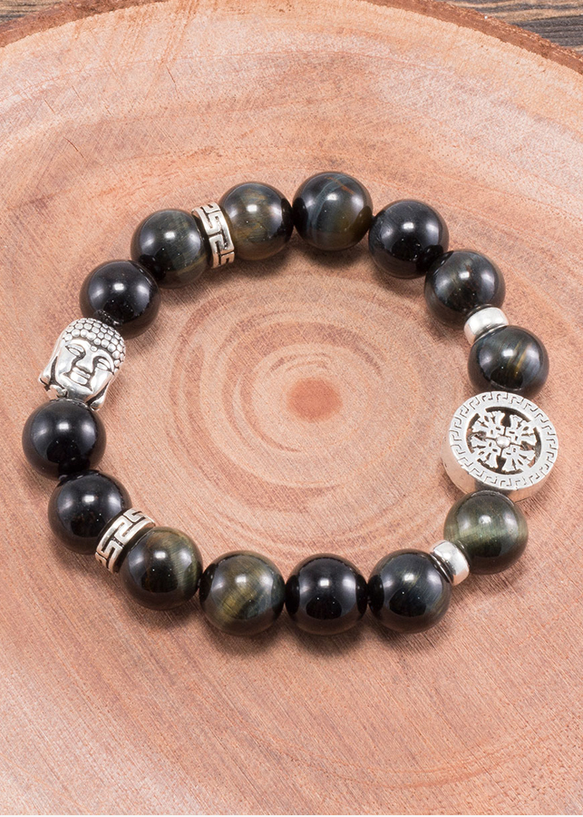 Vòng tay thạch anh mắt hổ xanh đen phối charm phật bạc (10mm) Ngọc Quý Gemstones