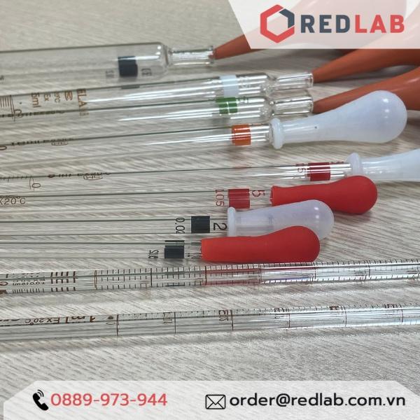 Combo pipet thủy tinh loại dài có chia vạch nhiều thể tích và quả bóp Cao Su / Silicon đi kèm