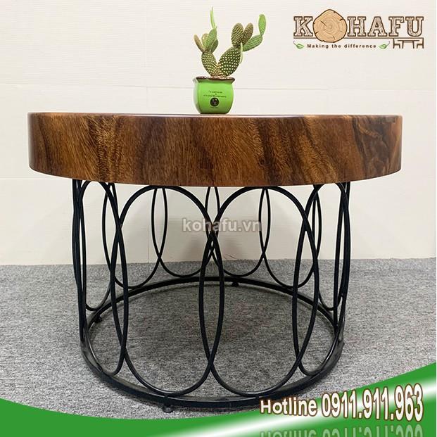 Bàn sofa mặt gỗ me tây nguyên tấm/ Bàn tròn sofa/ Bàn tròn gỗ cẩm tây + Chân lồng sắt đen