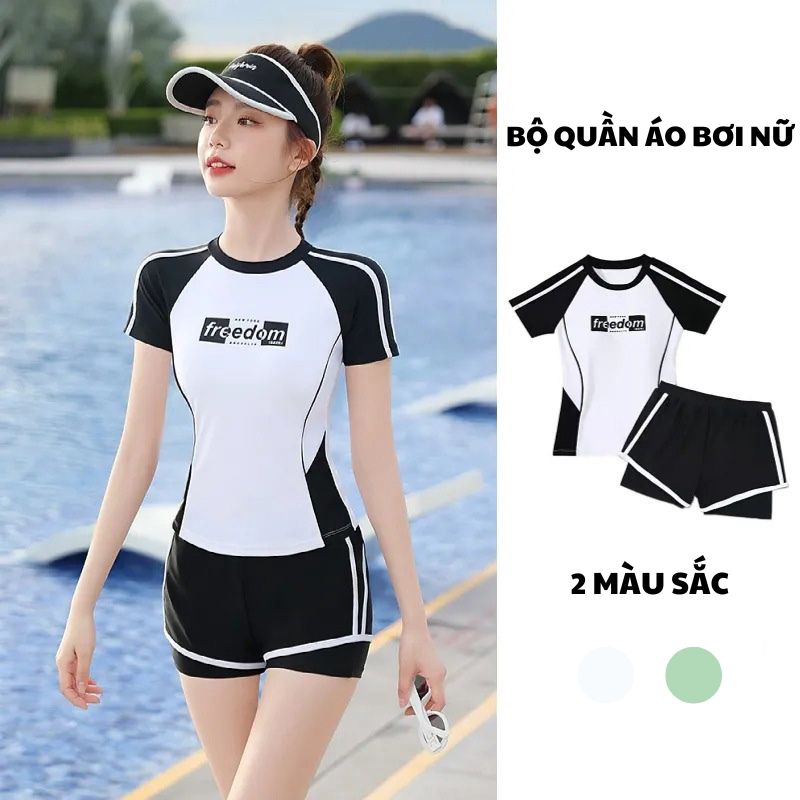 Bộ đồ bơi nữ kín đáo quần đùi 2 lớp đi biển có đệm ngực kiểu dáng thể thao vải mềm mại co giãn