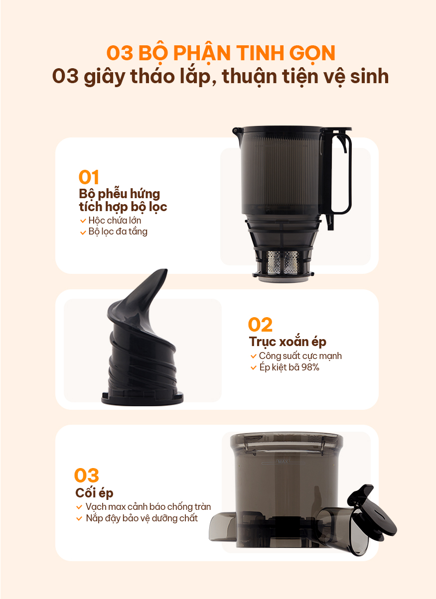 Máy ép chậm Comet CM9616 – Công suất 200W, dung tích 600ml, ép kiệt bã 98%, miệng ép lớn 108mm – Hàng chính hãng bảo hành 12 tháng