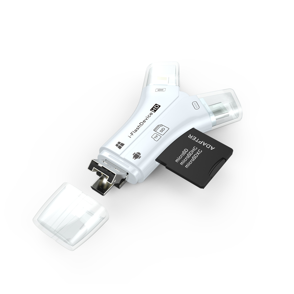 Đầu đọc thẻ TF/SD 4 trong 1 (Lightning, Type-C, USB, Micro USB) dùng xem ảnh/video của máy ảnh trên iphone và các thiết bị Android