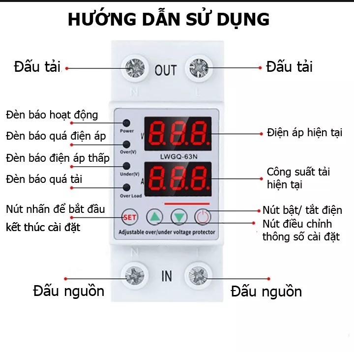 Thiết bị bảo vệ quá áp thấp áp quá dòng mất dây trung tính công suất 63A