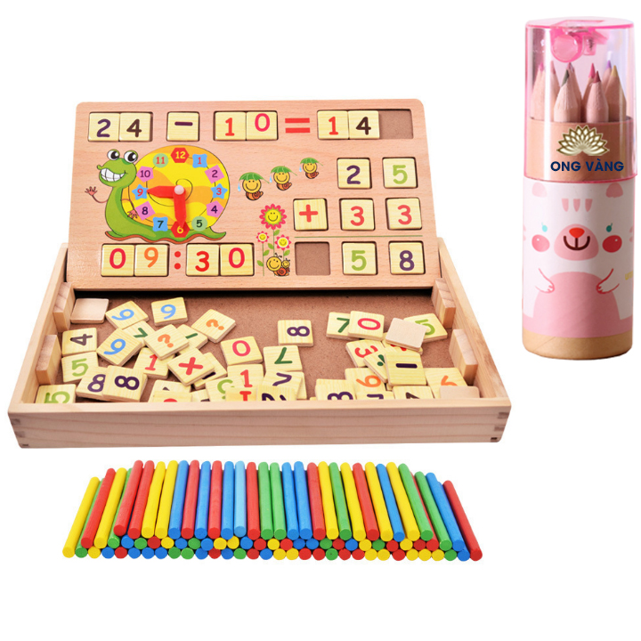 Đồ chơi gỗ, đồ chơi giáo dục sớm, giáo cụ MONTESSORI lắp ghép phép tính cho bé học tính - Tặng bộ bút chì màu gỗ 12 chiếc cho bé