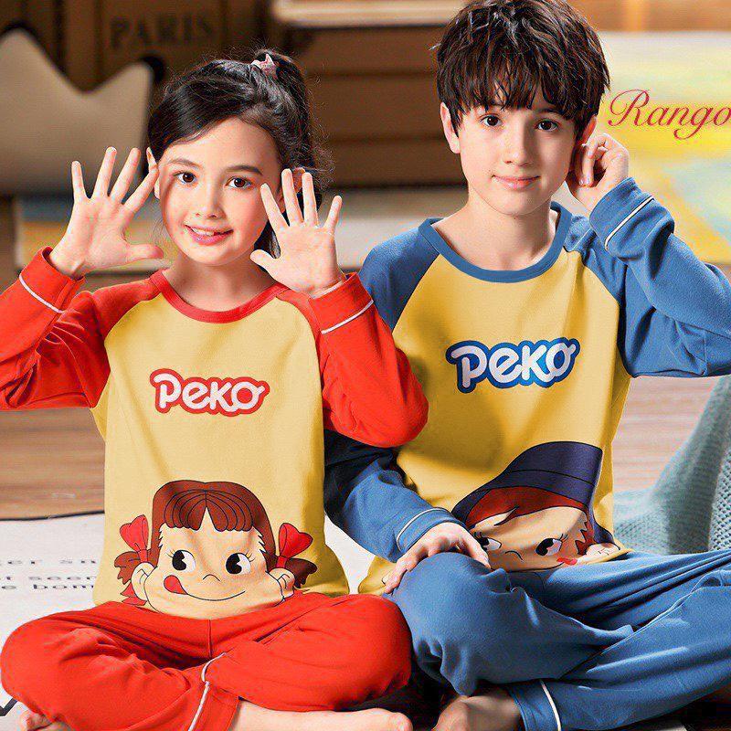Bộ tay dài trai gái mặc nhà hình hoạt hình dễ thương thun cotton mềm mại mịn mát ấm áp