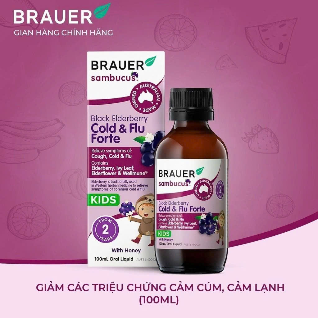 Siro Brauer Black Elderberry Cold &amp; Flu Forte 100ml - Hỗ trợ tăng cường miễn dịch cho bé