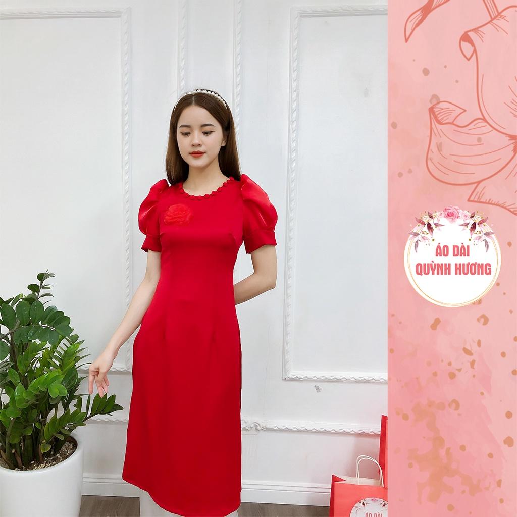 Áo dài cách tân tay bồng cổ tròn chất lụa tây thi mềm mại