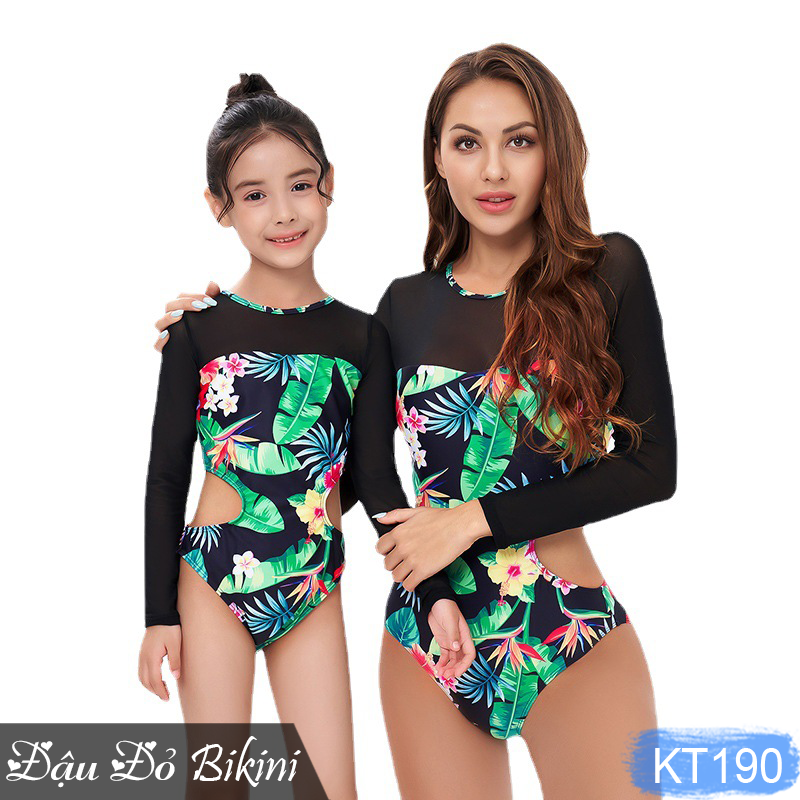Bikini đồ bơi đôi cho mẹ và bé gái, áo tắm liền thân cặp mẹ con, kiểu Âu Mỹ gợi cảm, hoạ tiết lá hoa Hawaii tươi trẻ, chất thun bơi 2 lớp dày dặn, phom đẹp | KT190
