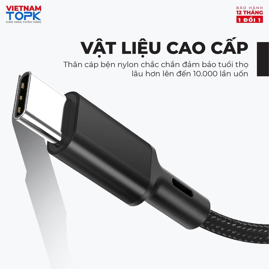 Dây sạc 3 đầu (iPhone, Type-C, Micro) dùng cho điện thoại TOPK AN20 Vỏ bện nylon dài 1.2m - Hàng chính hãng