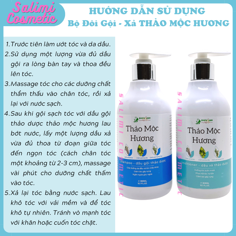 Bộ Đôi Dầu Gội & Dầu Xả Thảo Dược THẢO MỘC HƯƠNG Quyên Lara - Giúp Ngăn Ngừa Rụng Tóc, Kích Thích Mọc Tóc, Phục Hồi Tóc Hư Tổn, Cung Cấp Dưỡng Chất Cho Tóc Luôn Chắc Khỏe, Suôn Mượt Tự Nhiên | Dung Tích 300ml - HÀNG CHÍNH HÃNG