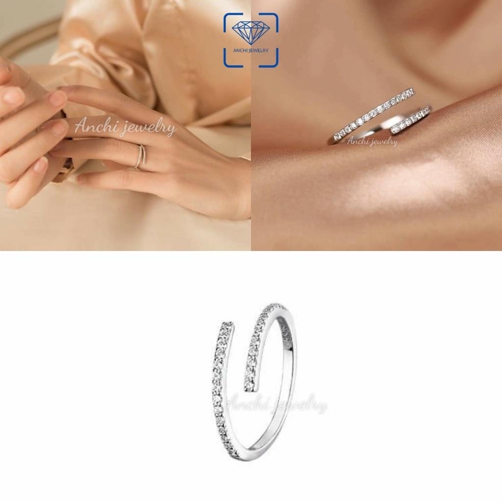 Nhẫn bạc hở đính full đá freesize cho nữ, Anchi jewelry