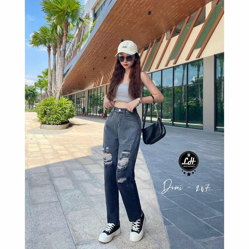 Quần bò baggy xám loang rách gối xả lai siêu cá tính Lê Huy Fashion MS 264