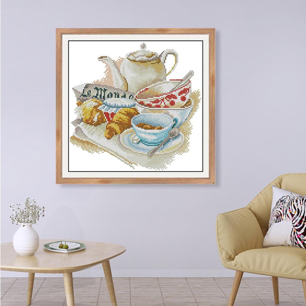 DIY Coffee & Tea Cross Stitch Stamped Kits Quilt Pre-Printed Cross-Stitching Patterns for Beginner Kids, Embroidery Crafts Needlepoint Starter Kits,