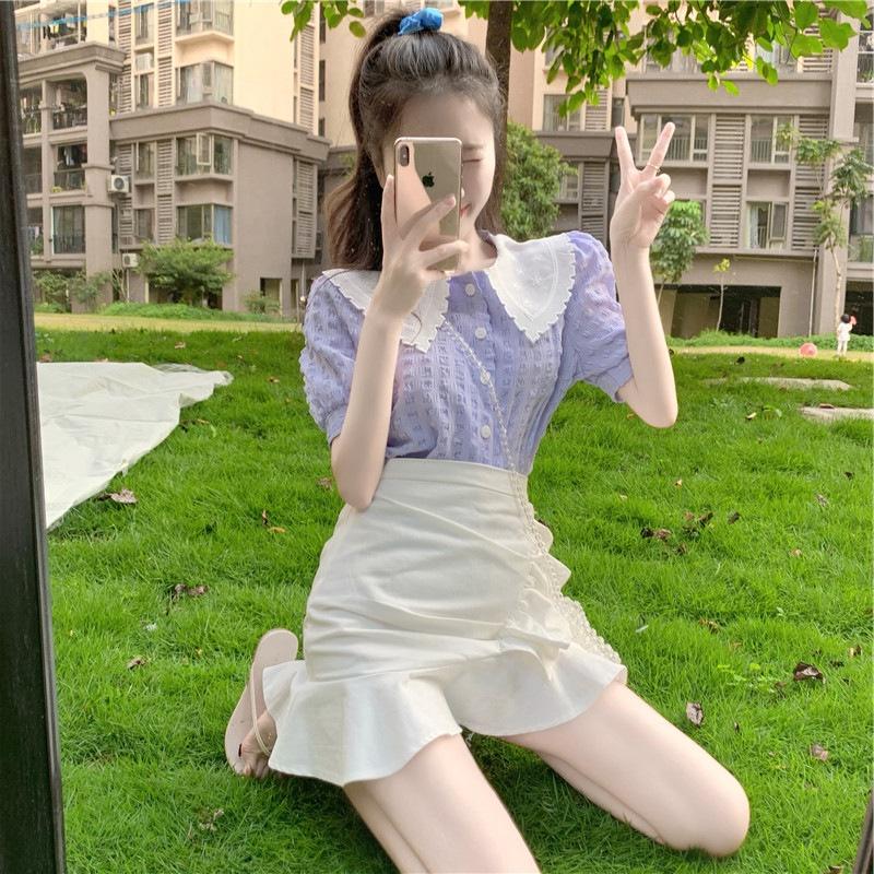 MS257 Áo sơ mi nữ cộc tay dập nổi cổ tam giác