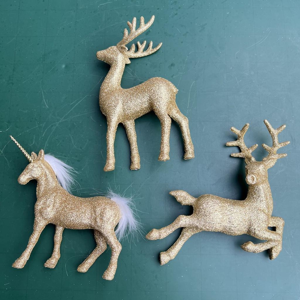 Mô hình tuần lộc đứng, ngựa 1 sừng, hươu bay phủ nhũ vàng decor trang trí Giáng sinh, treo cây thông Noel