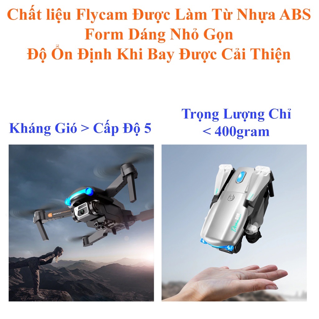 Flycam mini 4k, Flycam giá rẻ S98 Pro Max Cảm biến chống va chạm 4 chiều, đèn led bay ban đêm, cảm biến bụng giữ thăng bằng khi bay, nhào lộn 360 độ