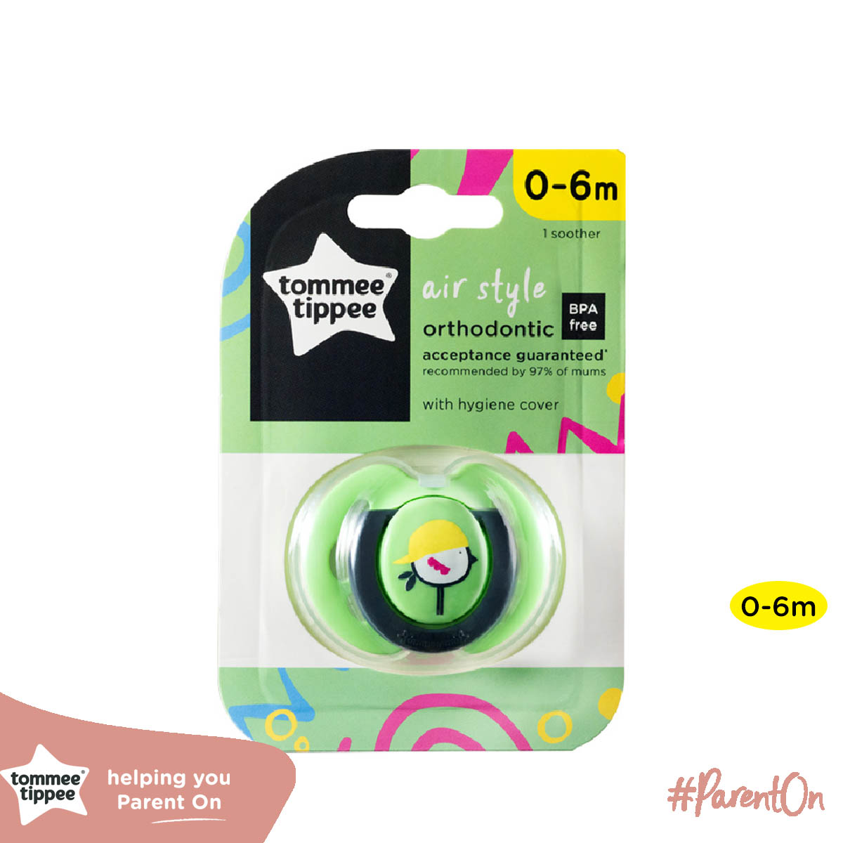 Ty ngậm thoáng khí cho bé Tommee Tippee Air 0-6 tháng (vỉ đơn) - Chim sẻ xanh