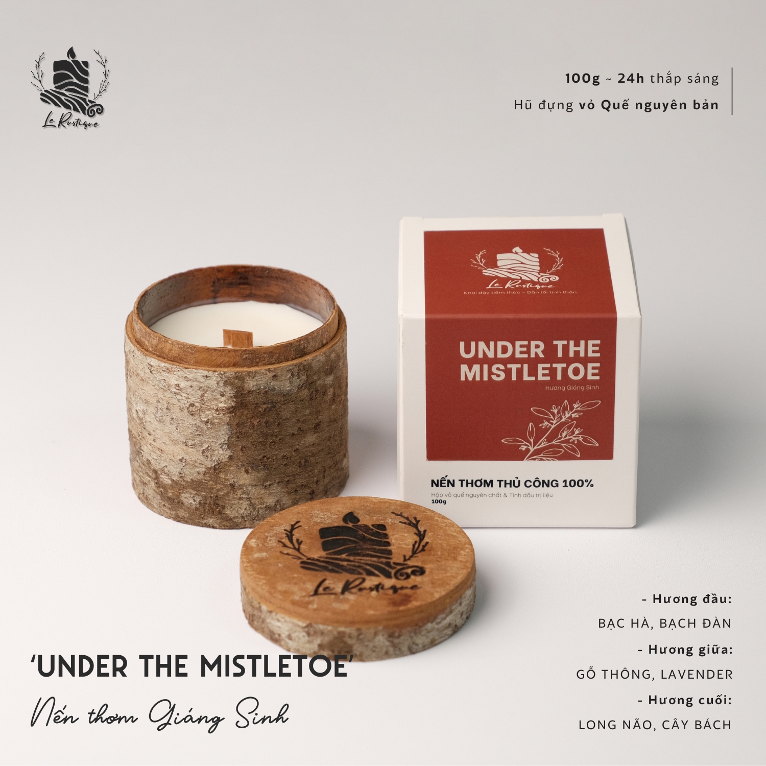 Nến Thơm Thủ Công Le Rustique Mùi Giáng Sinh (Under The Mistletoe) - 100g/ 200g - Hũ Nến Vỏ Quế Tự Nhiên - Có Kiểm Định Chất Lượng - Nến Thơm Thư Giãn Trị Liệu - Nến Thơm Thiên Nhiên