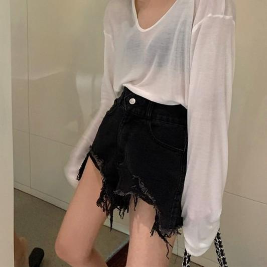 fashion Simplicity Solid color Women's suits Sun protection Long sleeve T-shirt High waist denim shorts