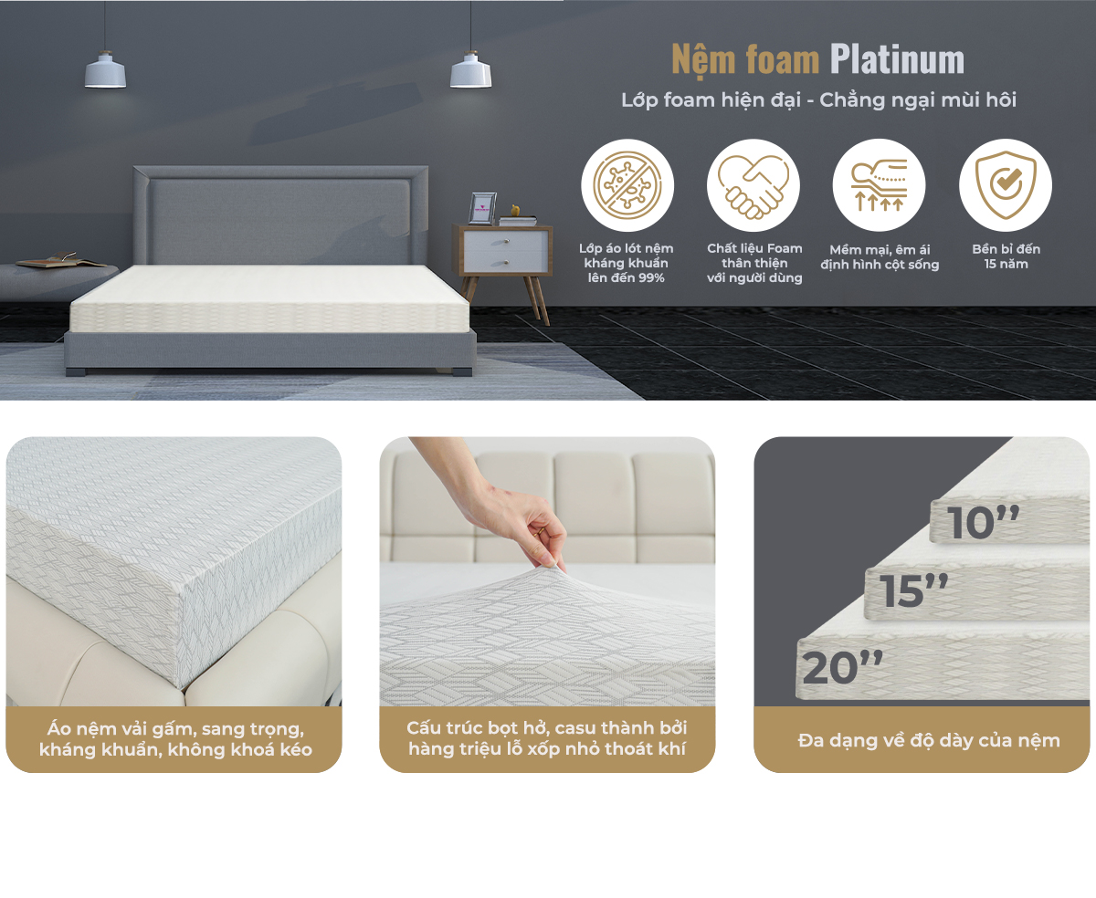 Nệm Foam Cao Cấp Thuần Việt Platinum Công Nghệ Hoa Kỳ, Kháng Khuẩn Tối Ưu