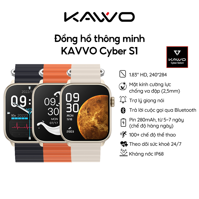 Đồng hồ thông minh KAVVO Cyber S1 | TFT HD 1.83 INCH | Chuẩn kháng nước 68| Bluetooth | 280mAh - Bảo hành 12 tháng