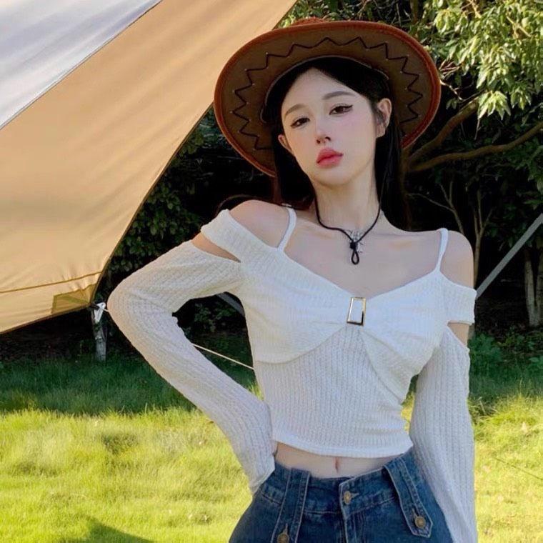 Áo croptop tay dài HAGA áo trễ vai nơ ngực sang trọng ATVN70