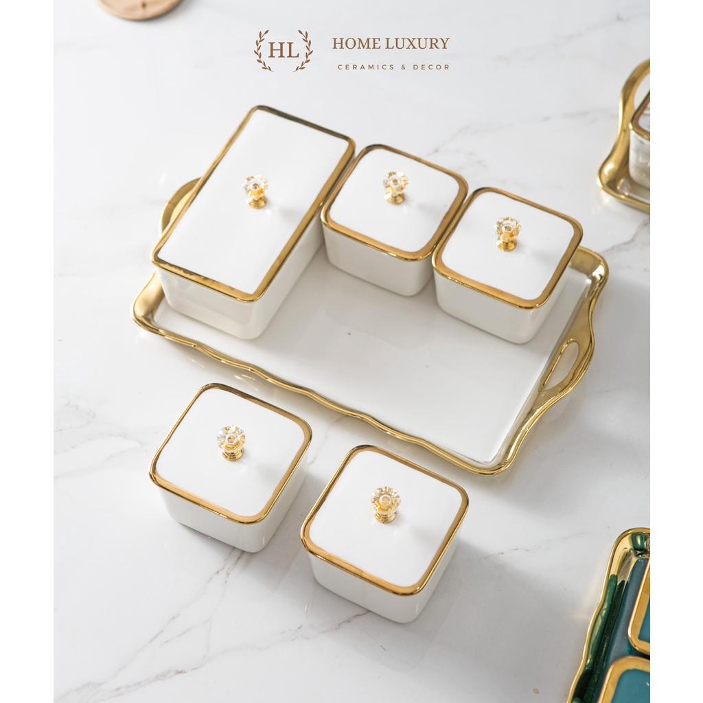 Bộ Mứt Sứ Chữ Nhật Decor Siêu Xinh | Khay đựng bánh kẹo mứt tết 5 ngăn sứ có nắp Cao Cấp Hàn Quốc