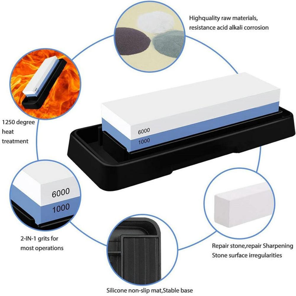 Knife Sharpening Stone Set 1000/6000 2 Side Whetstone Knife Sharpener Wet Stone Sharpening Kit with Non Slip Base Flattening Stone Kitchen Waterstone Hard Plastic BOX