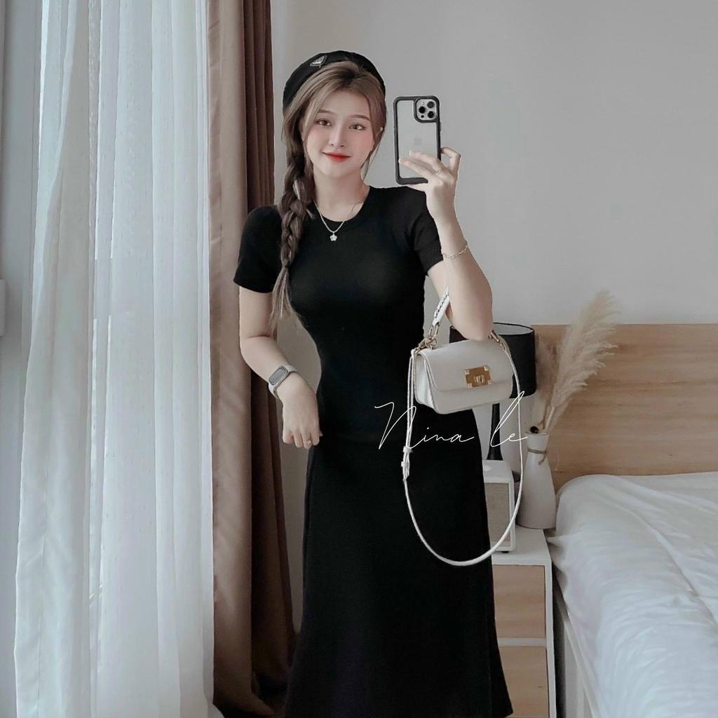 Đầm đen midi tay con khoét ngực tôn dáng ôm body nina lê