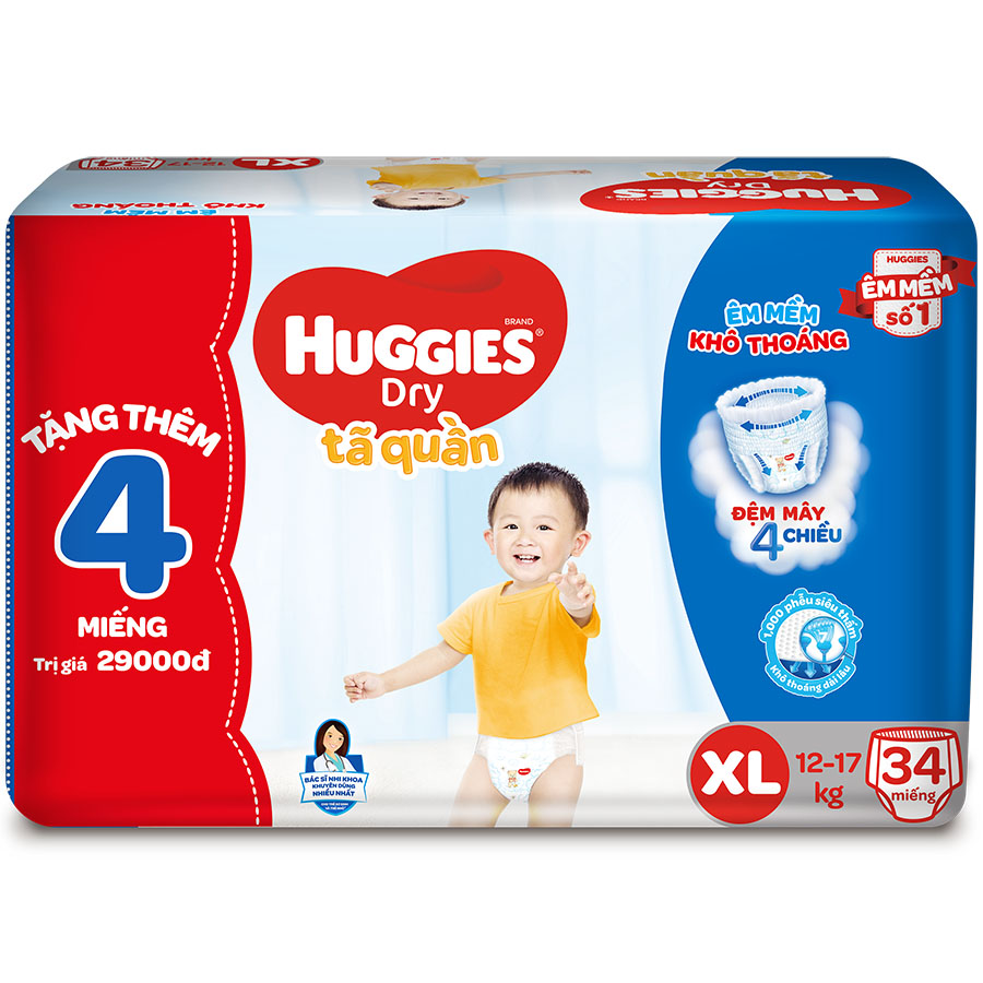 Tã Quần Huggies Dry gói trung XL34 (34 Miếng) - Tặng 4 miếng