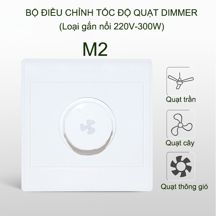 Bộ điều chỉnh tốc độ quạt 220V-300W gắn nổi, vô cấp, vuông 86x86mm