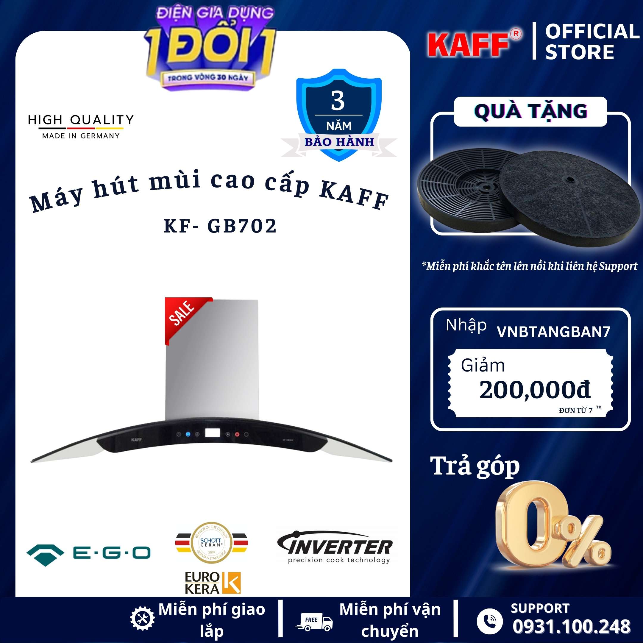 Máy hút mùi kính cong cảm ứng _ điều khiển từ xa 700mm KAFF KF_GB702 Tặng bộ lọc than thay thế _ Hàng Chính Hãng