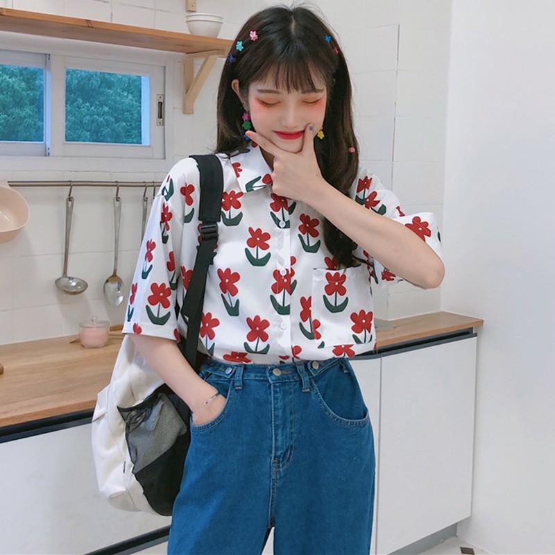 Áo nữ ngắn tay in hoa phong cách vintage