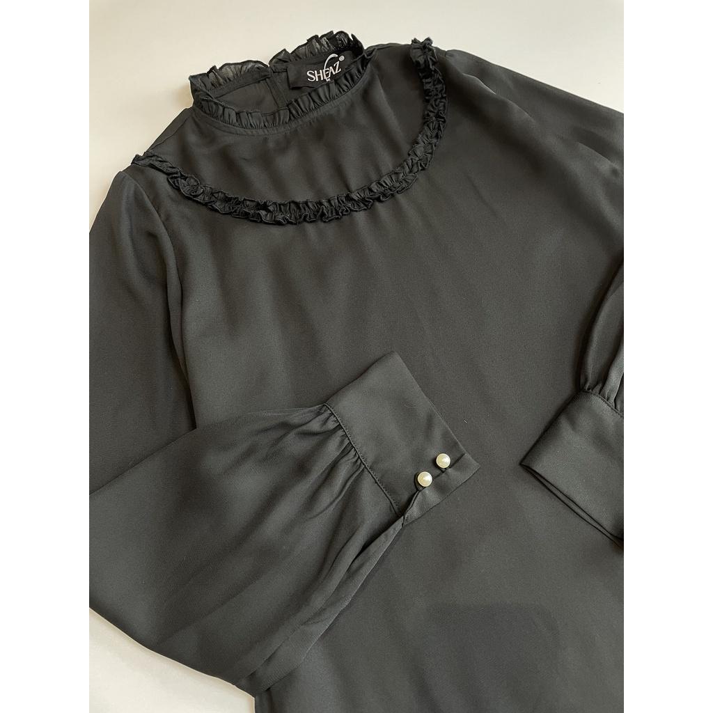 SHEAZ Áo sơ mi chiffon đen cao cấp dày dặn tay dài bèo ngực phong cách Hàn quốc