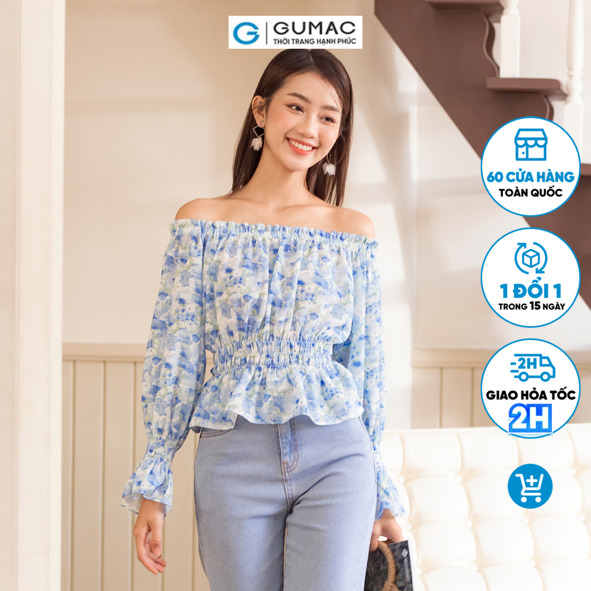 Áo kiểu hoa trễ vai thời trang GUMAC AD06022