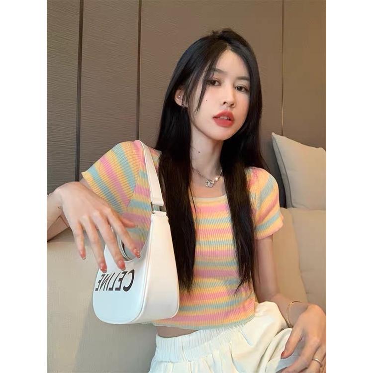 MS654 Áo len tăm cổ vuông croptop loang màu